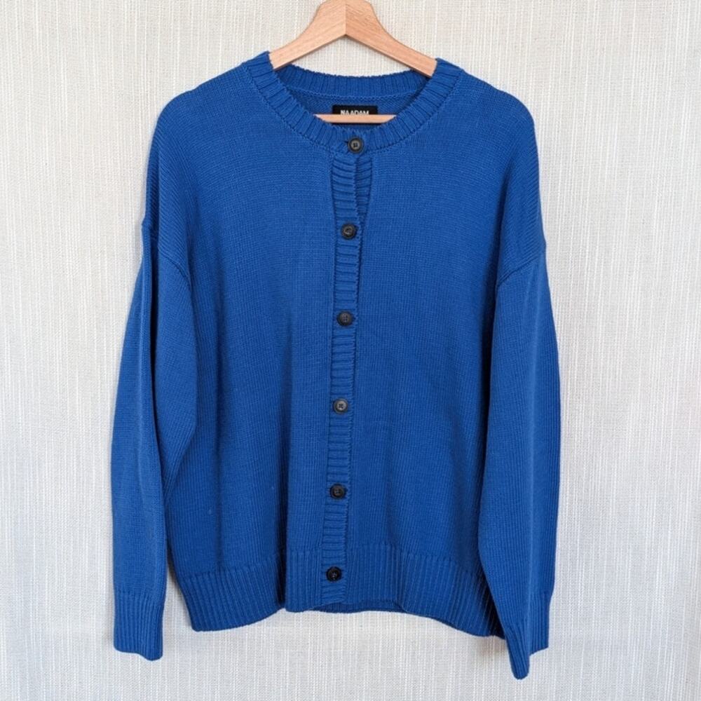 Naadam Cotton High Neck Cardigan Womens Blue Soft Knit Button Front Casual - Picture 3 of 9